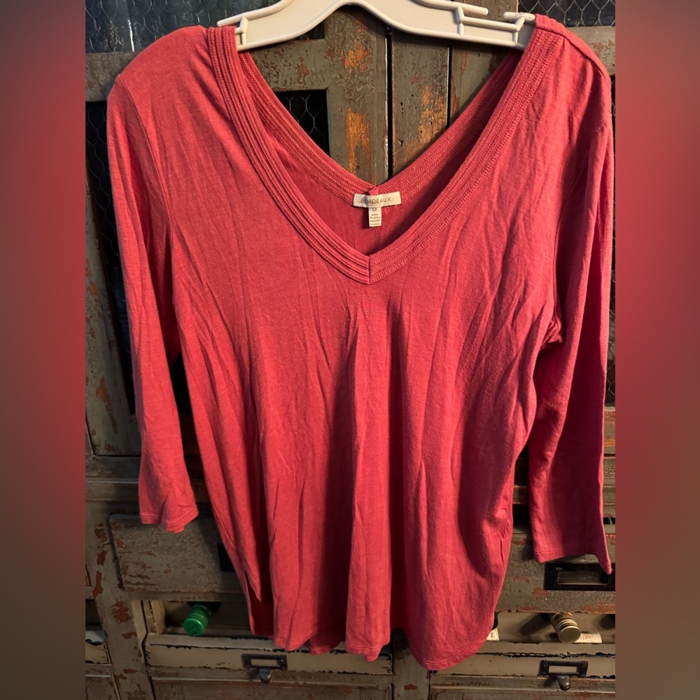 Anthropology Bordeaux Long Sleeve V-Neck Top - Coral